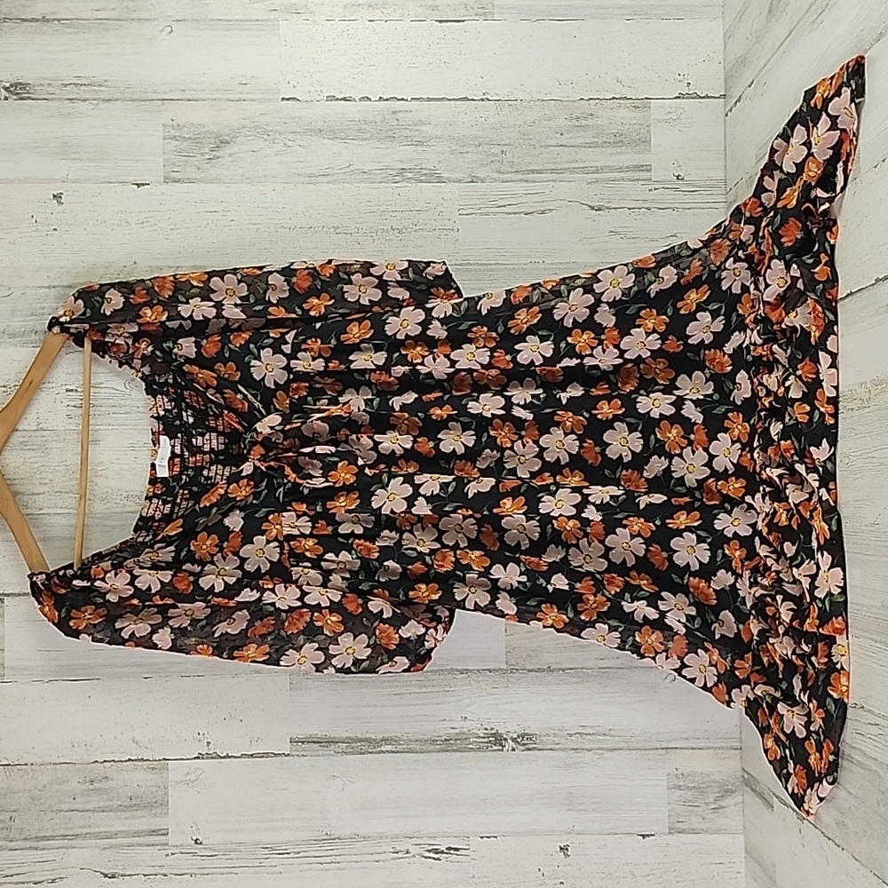 Lush black multi floral sheer lined cottagecore smocked back dress Size Small